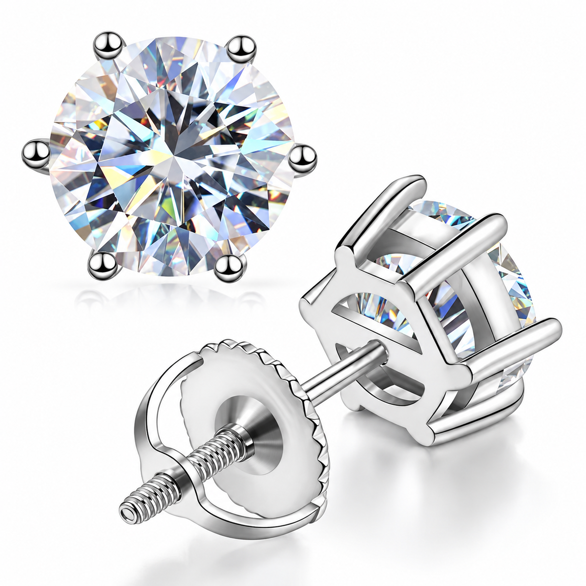1 Carat Moissanite Stud Earrings 6 Prong Setting Screw Back